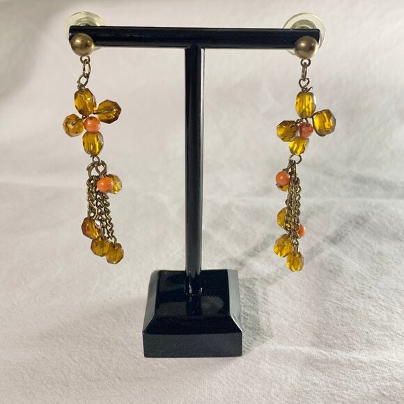 Bohemian Dangle Earrings - Amber Glass & Coral Beaded Jewelry - Brass Tone Chain - Picture 1 of 8